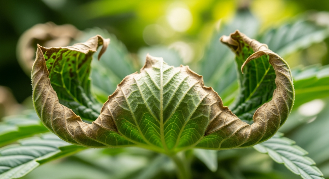 Nahaufnahme eines Cannabisblatts, das Symptome von Hitzestress zeigt, bei dem die Ränder nach oben zu einer 'Taco'-Form gekrümmt sind.