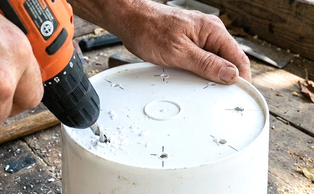 Step two make holes for drainage grow bucket system