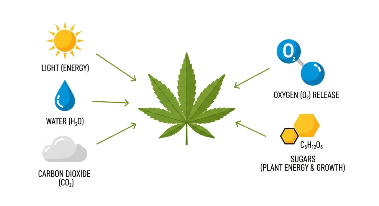 Infografik, die den Prozess der Photosynthese bei einer Cannabispflanze zeigt und CO2, Licht und Wasser als Inputs hervorhebt.