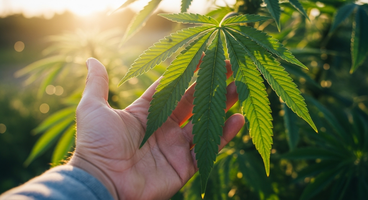 Eine Hand des Züchters untersucht sanft ein gesundes Cannabisblatt im Garten mit der Morgensonne im Hintergrund.