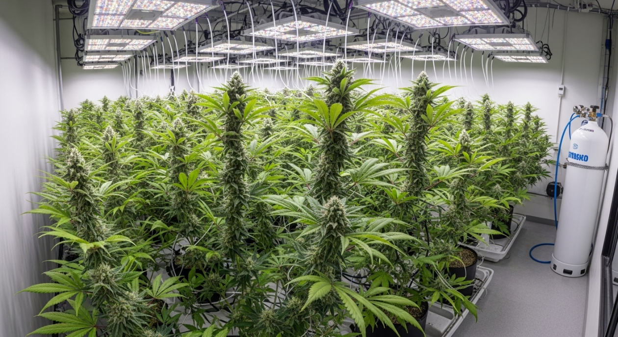 Ein professioneller, sauberer High-Tech-Indoor-Anbauraum für Cannabis mit üppig grünen Pflanzen unter leistungsstarken LED-Leuchten und sichtbaren CO2-Schläuchen.