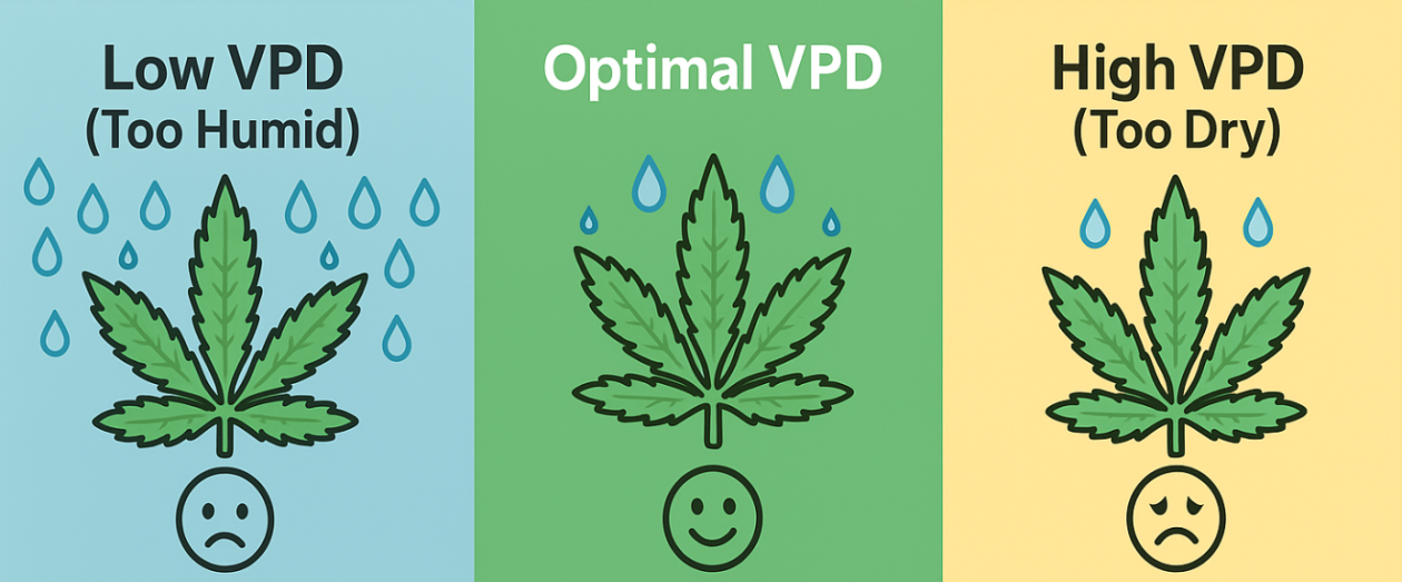 Infografik zur Erklärung des Dampfdruckdefizits (VPD) mit Darstellungen der Beziehung zwischen Temperatur, Luftfeuchtigkeit und Pflanzentranspiration.