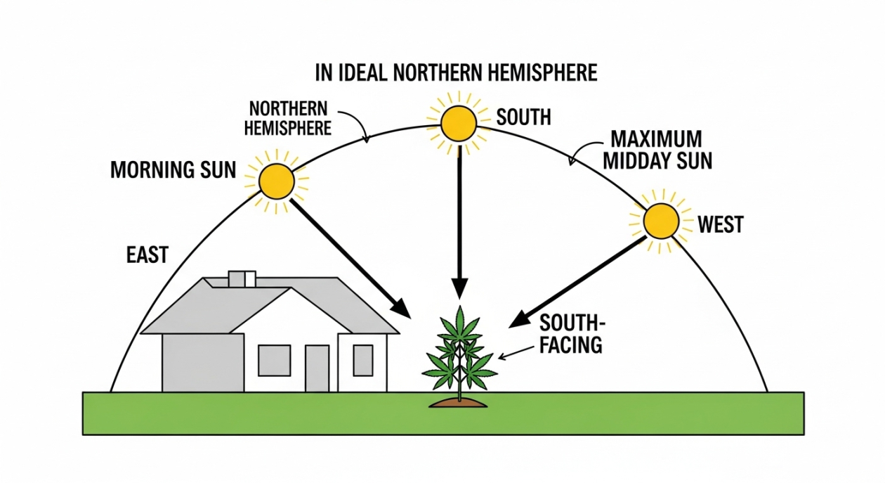 Diagramm, das den idealen südseitigen Standort für eine Cannabispflanze im Freien zeigt, um die tägliche Sonneneinstrahlung zu maximieren.