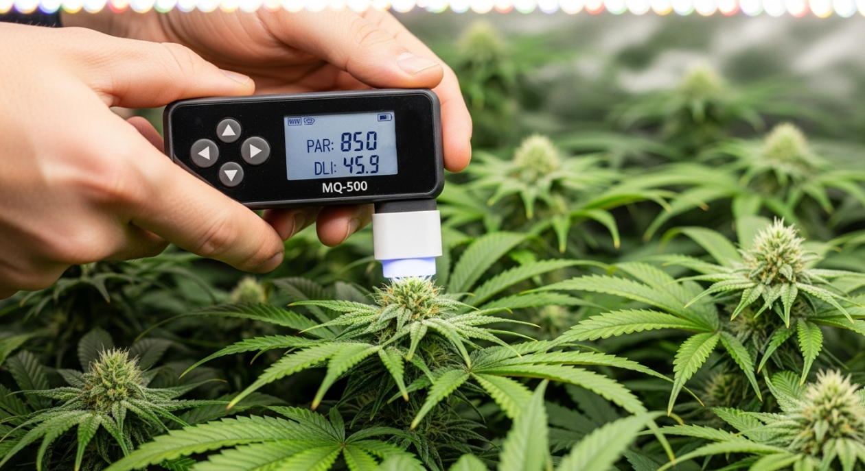 Nahaufnahme der Hände eines Growers, die ein Quanten-PAR-Messgerät über die Blätter einer Cannabispflanze halten, um die Lichtintensität zu messen.