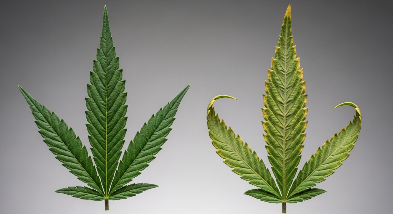 Vergleichsfoto eines gesunden grünen Cannabisblattes neben einem Blatt, das Anzeichen von Stress wie Vergilbung und gewellte Ränder aufweist.